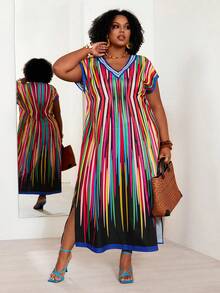 EMERY ROSE 大码女式条纹印花V领休闲度假短袖连衣裙，休闲长裙，女士度假装，女士碎花连衣裙，女士节日装，春季女装，六月节连衣裙，Aomei大码连衣裙，Mawei大码连衣裙，多色连衣裙，女士大码连衣裙，女士大码度假装，彩色条纹连衣裙，女士夏季连衣裙，女士大码连衣裙，女士夏季连衣裙，Mawei大码连衣裙，度假休闲条纹大码连衣裙，女士度假装 - 彩色 - 查看 5