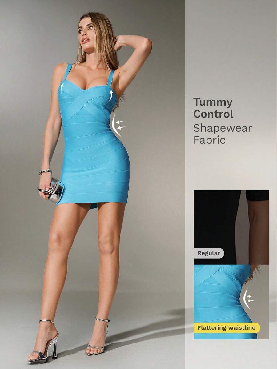 Nuvra Bandage Bodycon Dress, Deep V Neck, Slimming Silhouette, Waist Cinching, Elegant Spring/Summer Style - Blue - View 1