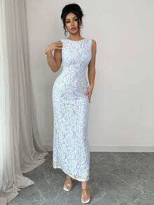 Elenzga 优雅白色蕾丝V领无袖修身长裙，休闲、派对、浪漫春夏装扮；时尚藏蓝色长裙，优雅婚礼宾客礼服 - 藍色 - 查看 3