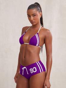 NYA SZN Swim Two Pieces String Bikini Short Cheeky Set Sporty Striped Beach Vacation Red Swimwear Outfits For Women - Purple - View 1