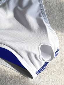 SHEIN Bộ bikini dây chéo phối màu tương phản phong cách retro dành cho bé gái tuổi teen, màu xanh navy, thích hợp cho kỳ nghỉ biển. - Xanh và trắng - Xem 6