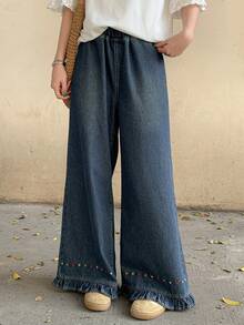 FRIFUL Women's Casual Floral Embroidered Wide Leg Jeans - Blue - View 6