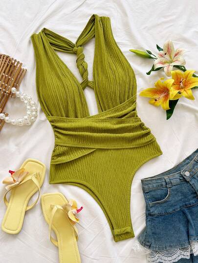 Soleia Women's Casual Vacation Retro Green Twist Knot Halter Deep V-Neck Bodysuit, Suitable For Beach, Cruise, City Trip, Date, Afternoon Tea In Spring And Summer