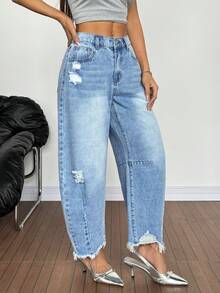 SHEIN PETITE Summer PETITE Women's Casual Y2K High Waist Distressed Barrel Jeans Women Frayed Hem Wide Leg Baggy Denim Pants Streetwear Pocket Distressed Flare Loose Fit Denim Crop Jeans - Medium Wash - View 2