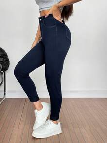 SHEIN PETITE Women's Casual Everyday Pockets Button Denim Jeans - Dark Wash - View 7