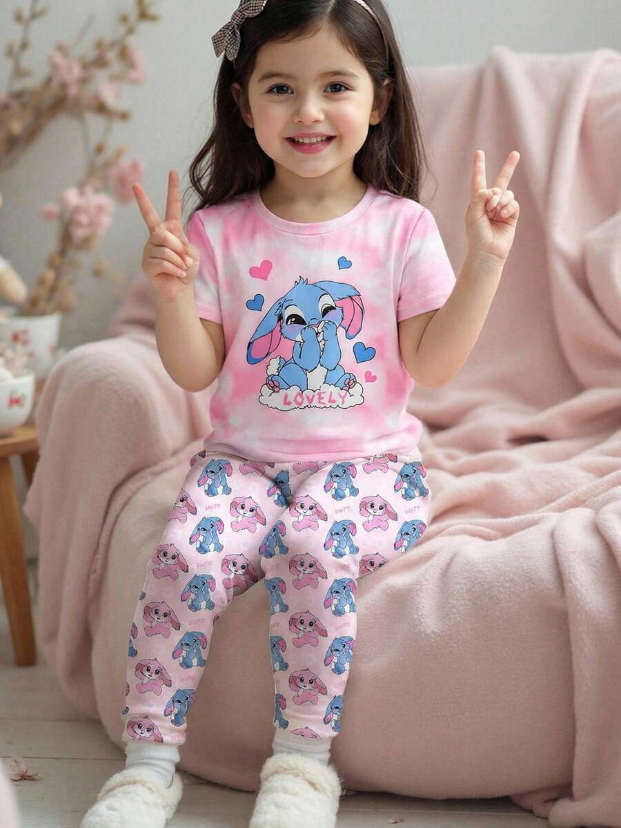 SHEIN 2件套少女针织圆领可爱动物图案休闲T恤和裤子家居服套装 - 淺粉色 - 查看 1