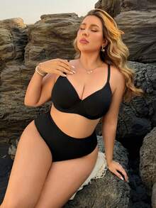 Swim Lushoire 大码女士极简主义沙滩度假休闲黑色纹理钢圈可调节肩带两件式泳衣套装 - 黑色 - 查看 5