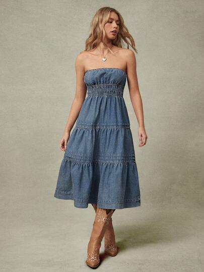 WESTFADE Strapless Smocked Waist Tiered Ruffle Fit & Flare Pleated Cotton Blend Chambray Denim Midi Dress Spring, Resort Wear, Summer, Vacation, Beach, Festival, Stagecoach, Coachella, Casual, Cute, Boho, Nashville, Cowgirl, Rodeo, Country Concert Outfit, Western Wear For Women