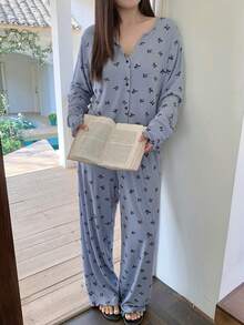 Dazy Plus 两件套休闲蝴蝶结印花宽松上衣和裤子睡衣套装，大码女式春秋季睡衣 - 藍色 - 查看 7