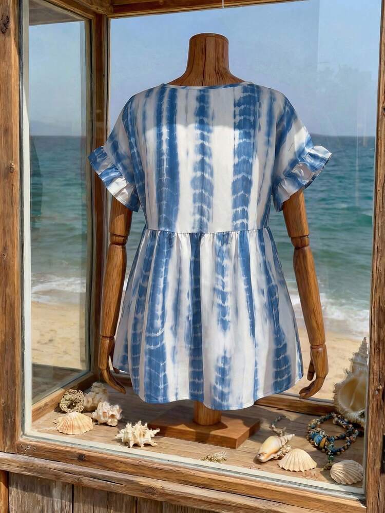 Plus Size Casual Tie-Dye Print Ruffle Sleeve Shirt Summer Tops Summer Outfits Summer Clothes  Spring  Spring Outfit Women Spring Clothes Country Style For Women Vacation Outfits Women  Seaside Retro Mannequin Window Display Graphic Tops