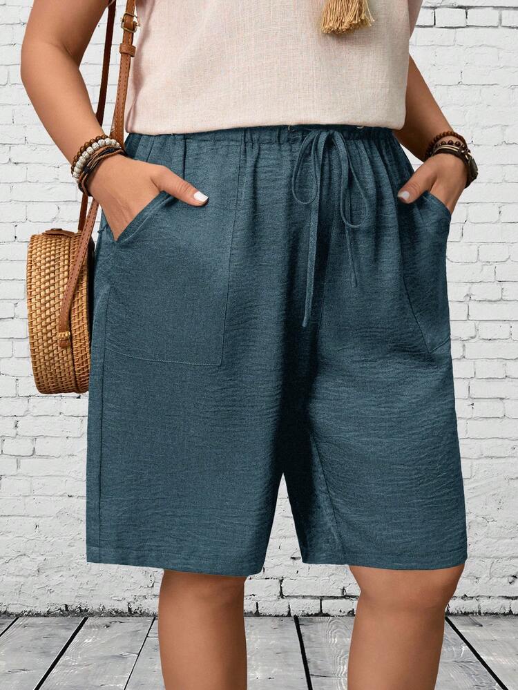 Plus Size Women's Solid Color Drawstring Waist Pocket Casual Loose Shorts Summer Outfits Summer Clothes  Spring  Spring Outfit Women Spring Clothes Country Style For Women Beach Shorts