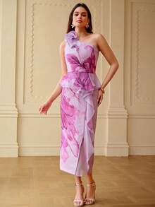 ZEYLAH Women's Elegant Floral Print Peplum Waist One Shoulder Ruffle Decor Party/Date Dress, Summer - Mauve Purple - View 1