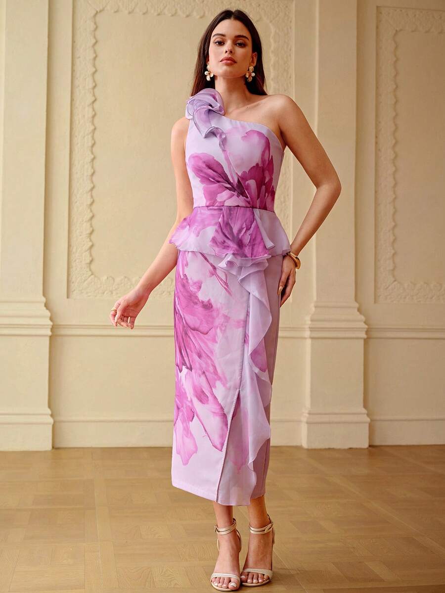 ZEYLAH Women's Elegant Floral Print Peplum Waist One Shoulder Ruffle Decor Party/Date Dress, Summer - Mauve Purple - View 1
