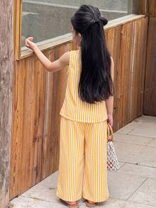SHEIN 女童条纹印花方领背心和裤子休闲套装 - 黃色 - 查看 8