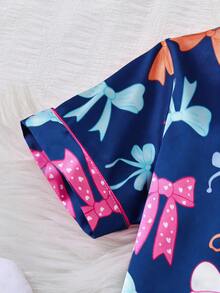 Young Girl' Light Pink Satin Bow & Ribbon Print Short Sleeve Cardigan And Pants 2Pcs Casual Pajamas Set Kids Satin Pajama Set Bow Pajama Set Summer Pajama Set Kids Silk Pjs - Navy Blue - View 5