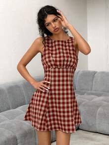 Sweetina 女士假日度假复活节酒红色外出格子圆领收腰无袖迷你连衣裙，夏季 - 紅色 - 查看 10