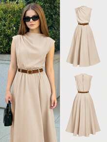 SHEIN Girlism 优雅杏色纯色无袖连衣裙（含腰带），适合通勤和返校季穿着 - 杏色 - 查看 7