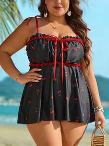 Swim Lushoire 大码樱桃印花休闲可爱吊带泳衣套装 - 彩色 - 查看 3