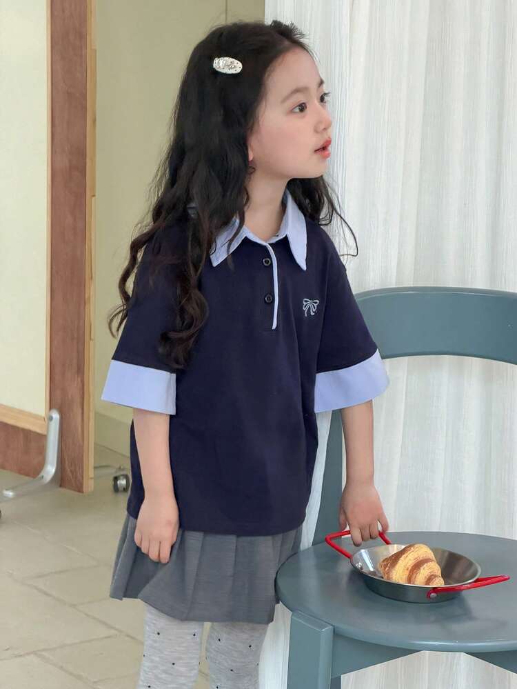 Young Girls Korean Style Contrast Color Collar Short Sleeve T-Shirt, Summer