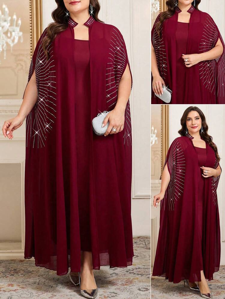 SHEIN Clasi مجموعة قطعتين من رداء وفستان نوم مزين بالراين ستون مع أكمام على شكل خفاش للنساء ذوات الحجم الكبير، أنيقة - أزرق بحري - مشاهدة 11