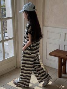 DAZY Bộ 2 món cho bé gái tuổi teen, áo thun cổ tròn kẻ sọc và quần, thích hợp cho mùa thu. - Nhiều màu - Xem 2