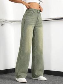 SHEIN ICON 女士高腰口袋阔腿宽松休闲牛仔裤 - 綠色 - 查看 5