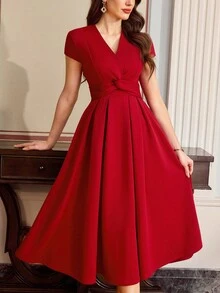 Vintamour 复古优雅女士连衣裙，带口袋，扭结V领，休闲工作假日派对长裙，夏季连衣裙，夏季度假装，春季女装，春季连衣裙，春季服装，春假装，情人节连衣裙，情人节女装，情人节连衣裙，优雅派对连衣裙，优雅派对连衣裙，女士婚礼宾客连衣裙，婚礼派对连衣裙，优雅女装 - 酒紅色 - 查看 1
