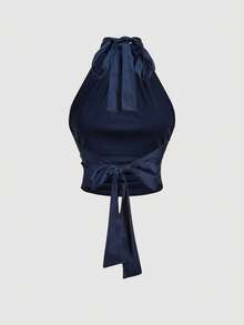 SHEIN MOD Women's Solid Color Halter Tie Backless Ruched Sexy Versatile Top For Dates & Outings, Summer Holiday, Ceremony, Beach Vacation, Going Out, Graduation Ceremony , Party, Vintage - Navy Blue - View 2