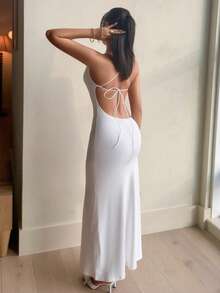 leahseptember White Ball Gown Spaghetti Strap Backless Tight Draped Neck Long Women's Dress,White Graduation Dress,Summer Dresses For Women White Sexy Dresses, Summer Dresses, Valentine's Day Outfits, Carnival Costumes, Party Dresses, Beach Dresses, Vacation Outfits, Casual Wear, Bridesmaid Dresses Sexy Backless Women's Clothing - White - View 2