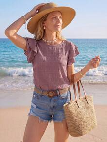 EMERY ROSE Women's Round Neck Solid Color Casual Short Sleeve Shirt With Ruffled Hem For Summer - Dusty Purple - View 5