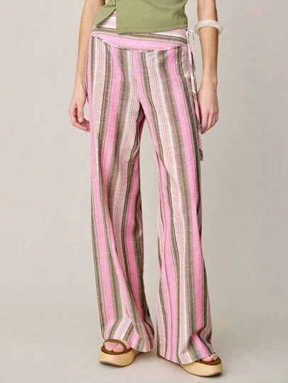 Nöista These Pink And Green Striped High-Waisted Wide-Leg Pants With A Drawstring Waist And Flared Legs Are An Ideal Choice For Spring And Summer Holidays And Everyday Wear. Sweet And Elegant, Easy To Match, And Practical, They Are Suitable For Lounging At Home, Commuting, Or Going Out.