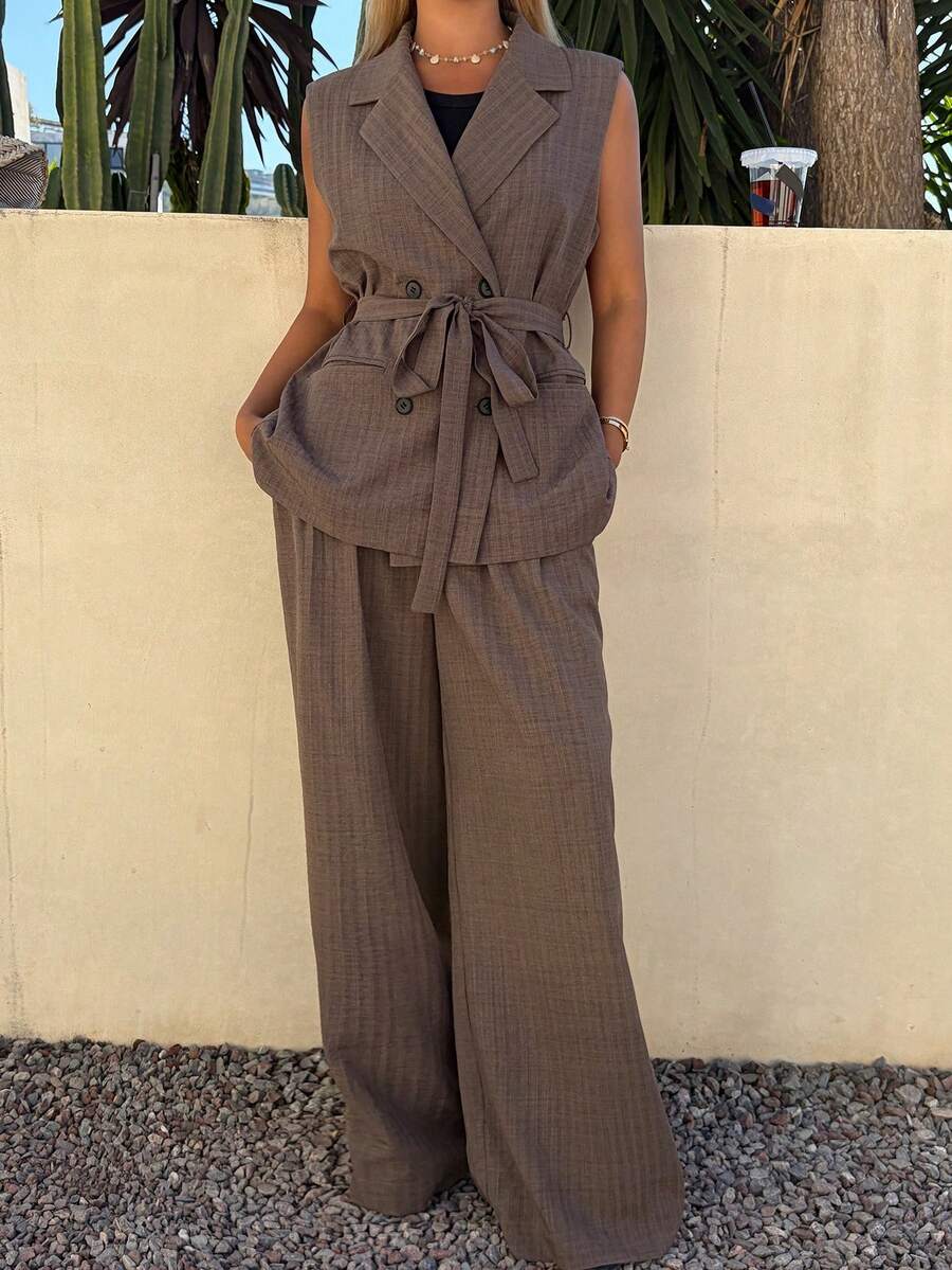 Livesso Women's Casual Striped Belted Vest And Wide Leg Pants Suit, Spring/Summer - Brown - View 1