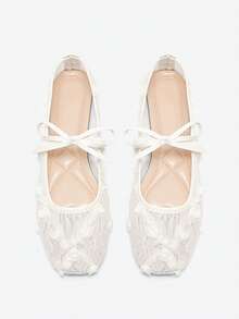 Giày ba lê đế bằng màu trắng thu/đông cho nữ có nơ trang trí và thêu hoa, dép xăng đan lưới rỗng thoáng khí màu đen mùa hè, giày Mary Jane mũi vuông lấp lánh dáng rộng - trắng - Xem 2