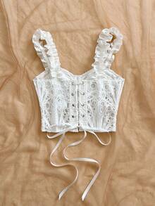 Soleia Áo hai dây lửng nữ kiểu retro họa tiết hoa dệt jacquard nhiều màu sắc, viền bèo nhún, thắt nơ, phong cách nghỉ mát. - trắng - Xem 2