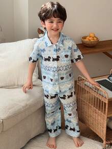 DAZY Tween Boy Dog Print Single-Breasted Short Sleeve Top And Pants Casual Loungewear Pajama Set - Blue - View 3