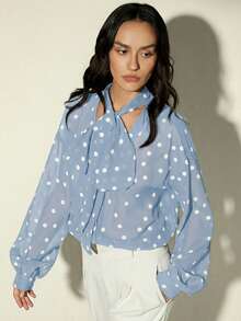 Aveloria Modichic V领前开襟黑白波点印花雪纺宽松基础款衬衫，配围巾，休闲通勤优雅百搭女式衬衫 - 藍色 - 查看 6