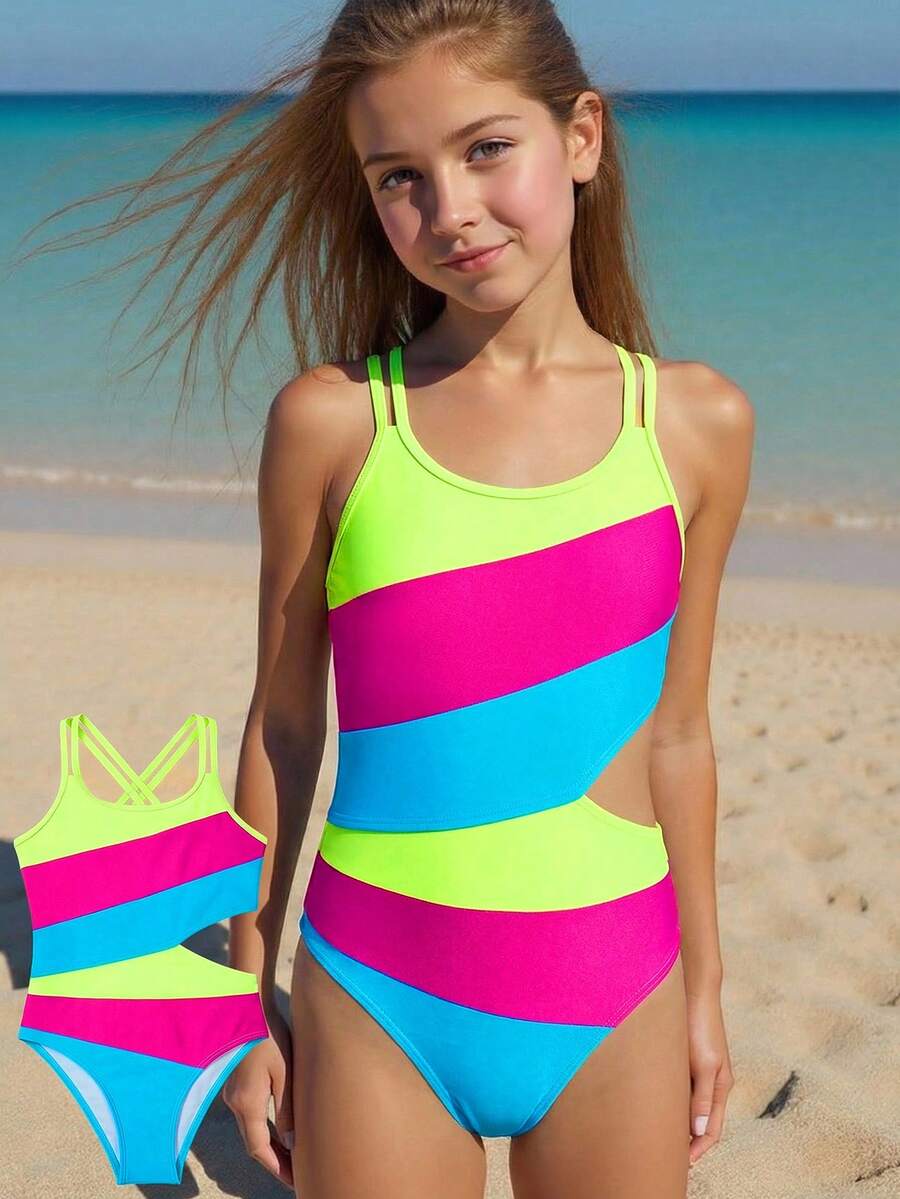 SHEIN Traje de baño de una pieza minimalista y cómodo con espalda cruzada y recortes para niña preadolescente - Multicolor - Ver 1