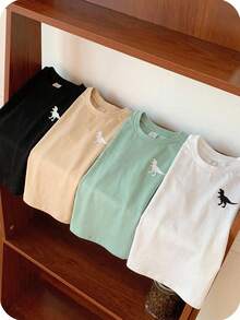 SHEIN 4件装儿童可爱卡通恐龙印花短袖T恤，休闲百搭，秋冬季 - 彩色 - 查看 8