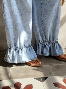 Sunnyshic Quần jeans nữ cạp chun xếp ly, kiểu dáng thường ngày, đa năng. - Màu xanh lam - Xem 7