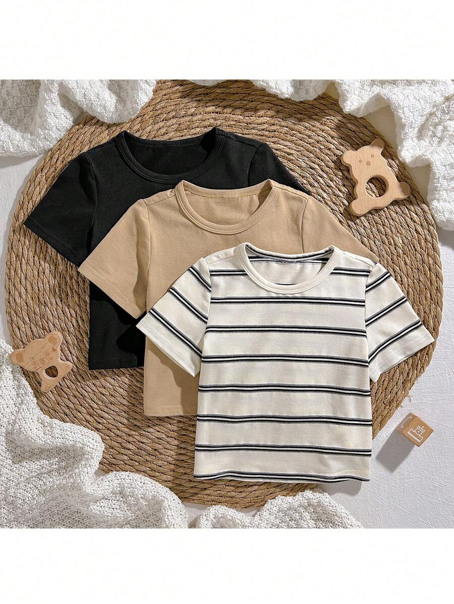 Loomiva 3pcs Baby Boy Striped Pattern Round Neck Long Sleeve Half-Zip Pullover Outfit Set - Multicolor - View 1