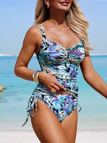 Swim Lushoire 女士树叶印花褶皱吊带背心式泳衣套装，包括上衣和三角泳裤，适合度假海滩穿着 - 彩色 - 查看 3