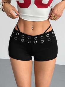 valorelle valorelle 女士休闲日常穿着鸡眼装饰短裤 - 黑色 - 查看 1