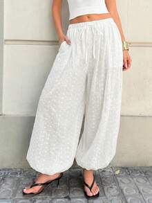 Siren Gaze Women's Drawstring Waist Embroidered Casual Harem Pants, Versatile For Daily Wear - White - View 3