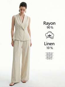 Aalyst Bộ đồ nữ mùa xuân/hè kiểu Pháp thanh lịch, sang trọng, tối giản, cao cấp, phong cách bohemian thường ngày, thích hợp đi nghỉ mát/công sở, đi làm, phong cách cổ điển, thoải mái, màu trơn, chất liệu vải lanh pha, áo khoác không tay cổ ve, có dây rút eo và túi, quần ống rộng thoải mái, 2 mảnh. - Màu be - Xem 6