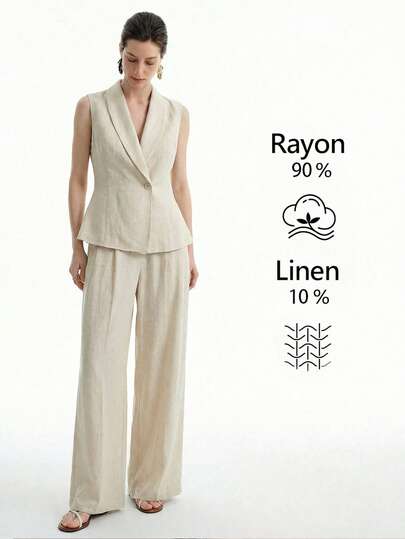 Aalyst Women's Spring/Summer French Elegant Luxurious Minimalist High-End Design Casual Bohemian Vacation/Workplace Commute Vintage Style Comfortable Solid Color Linen Blend Notched Collar Sleeveless Jacket With Waist Drawstring And Pockets, Relaxed Wide Leg Pants, 2-Piece Suit Set