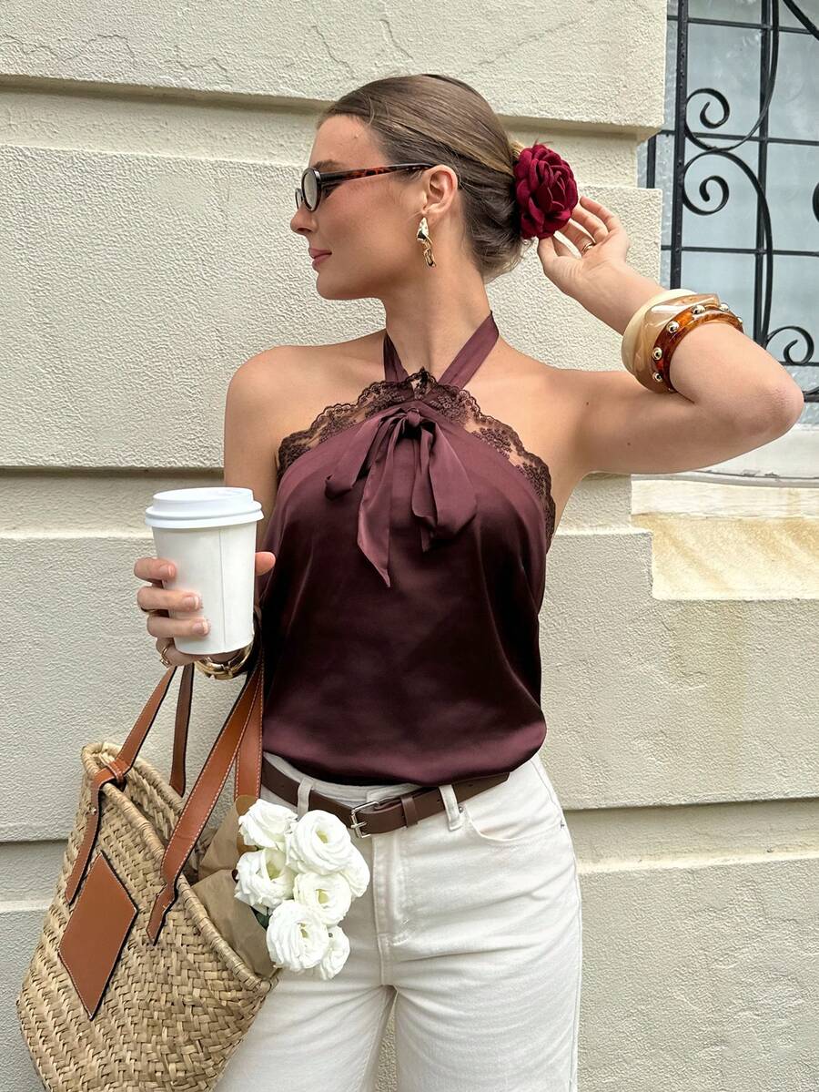 Serisse Women's Contrast Lace Tie Front Halter Neck Blouse - Brown - View 1