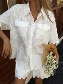 DAZY 女士夏季镂空波浪下摆短袖衬衫+休闲刺绣镂空短裤度假风休闲套装 - 白色 - 查看 5