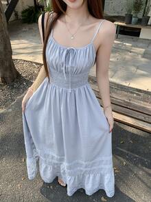 DAZY 女士夏季抽绳系带蕾丝拼接度假风休闲吊带连衣裙 - 藍色 - 查看 4