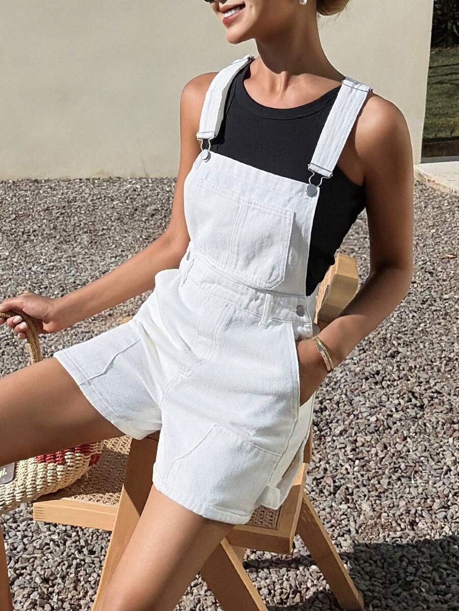 DAZY 女士休闲牛仔背带短裤和连体裤 - 白色 - 查看 1