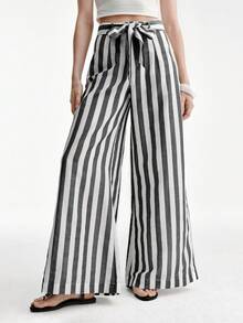 Aveloria Modichic Minimalist Versatile Vacation-Style Wide Striped High-Waisted Loose Wide-Leg Pants With Belt - Light Grey - View 1